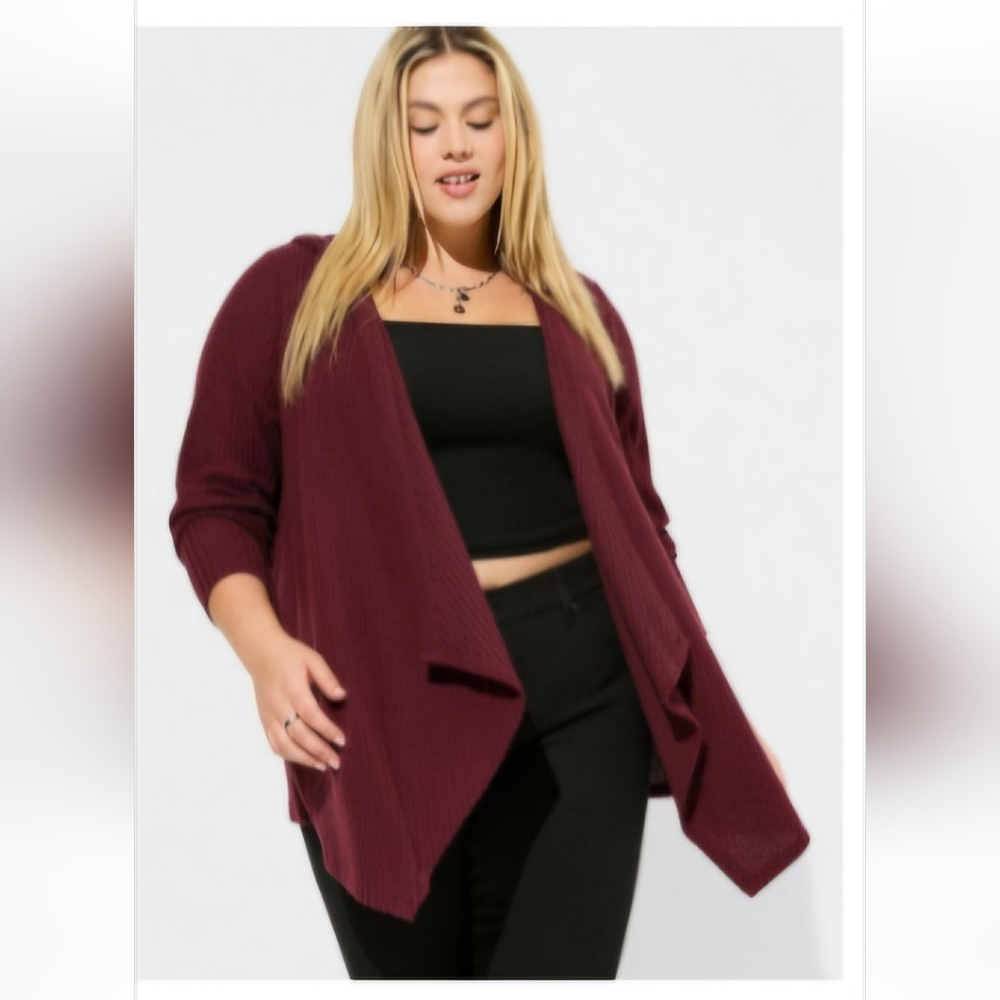 Torrid Burgundy Red Hooded Cardigan with Draped Front and Full Length Sleeves